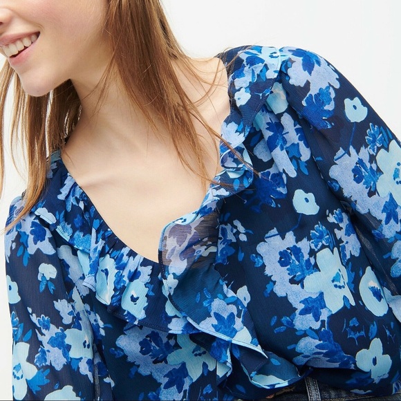 SM•NWT•J.CREW•RUFFLE V-NECK WATERCOLOUR BEGONIAS BLOUSE• - Picture 2 of 10